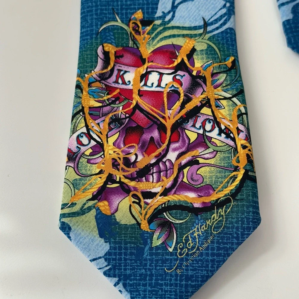 Ed Hardy by Christian Audigier Blue Skull Tattoo Graphic Neck Tie 57